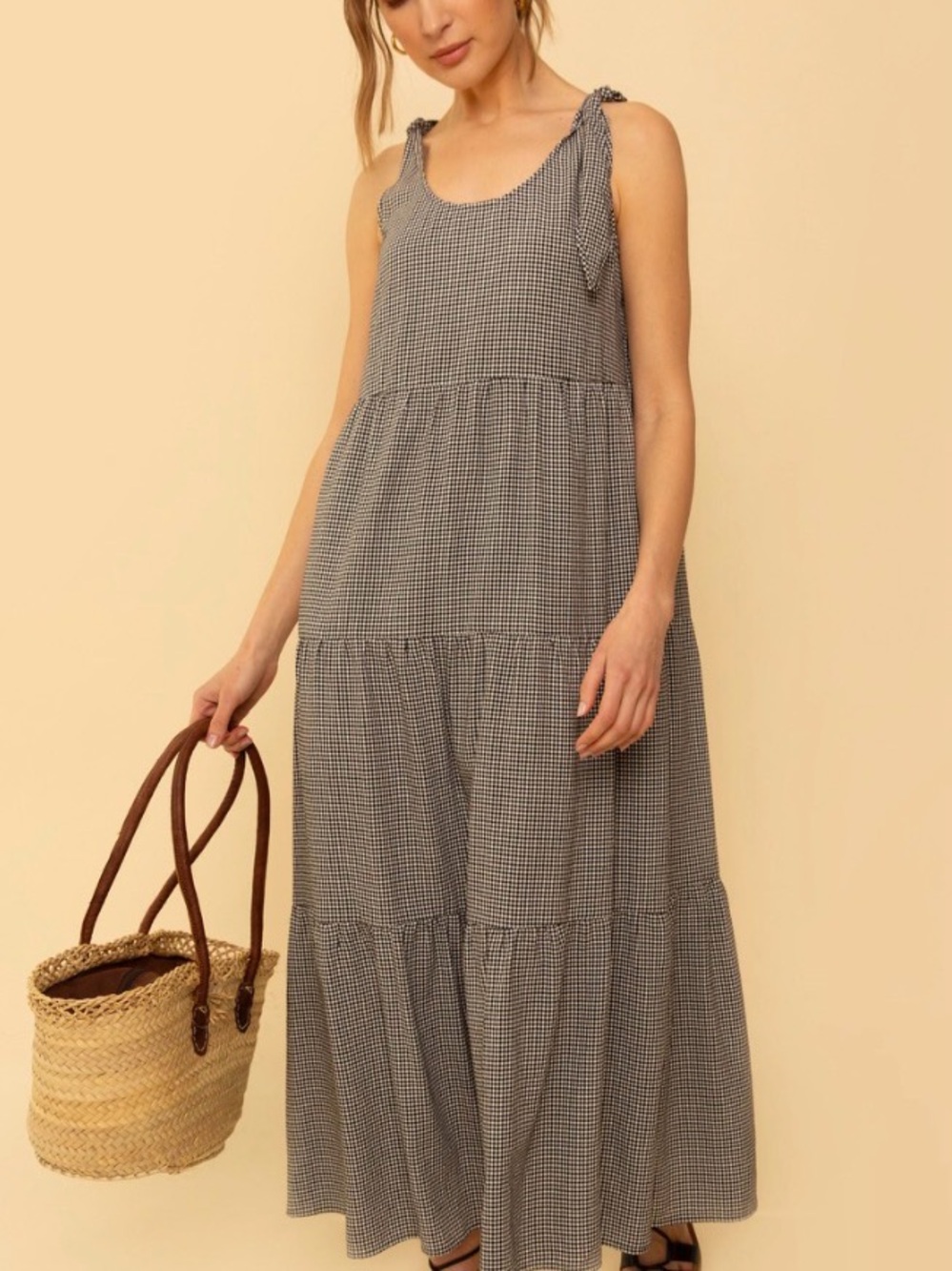 Whimsy and Row - Sleeveless Gingham Maxi Dress with Tie Straps - Black
